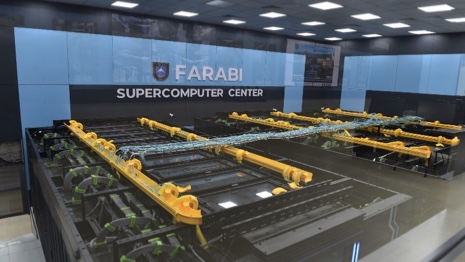 Interior of the Farabi Supercomputer Center — rows of compute racks